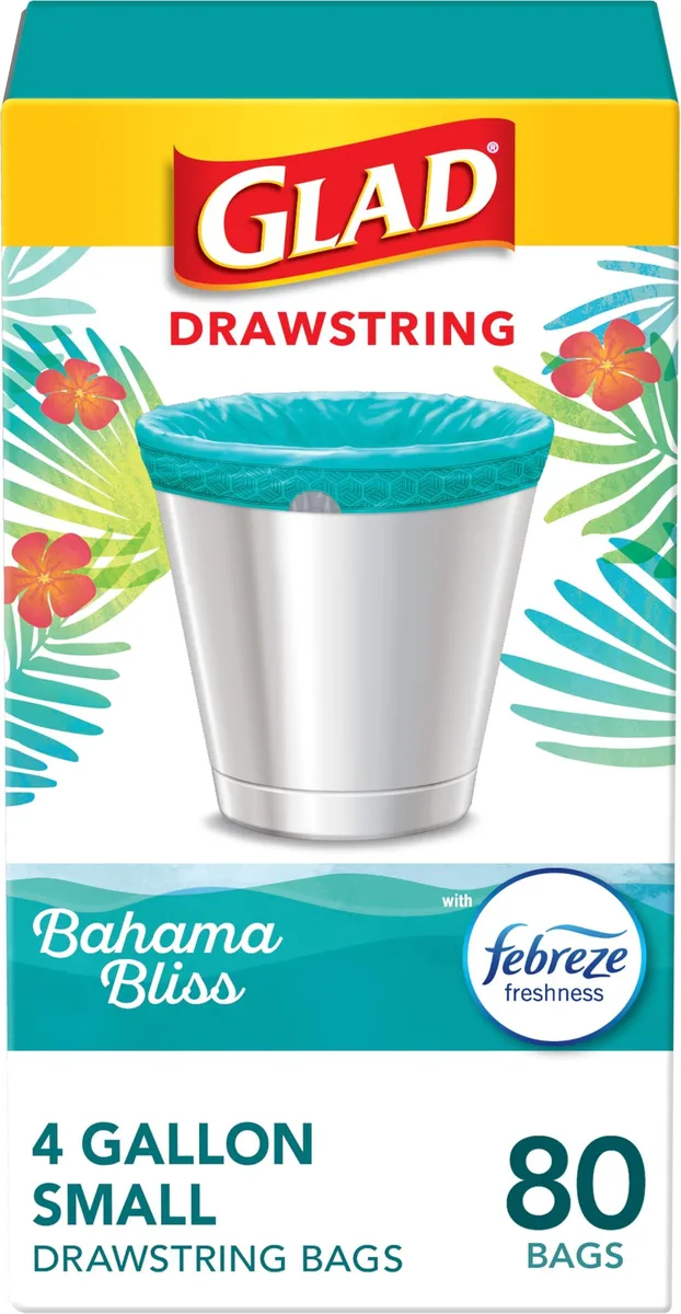 Box of 80 teal 4-gallon drawstring trash bags