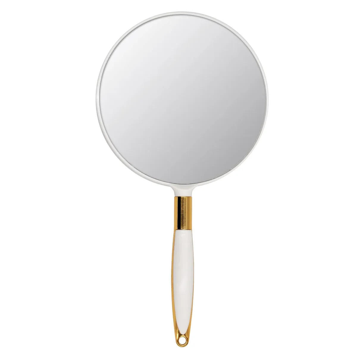 White round hand-held mirror with handle, 13 inches long, 6.9 inches wide