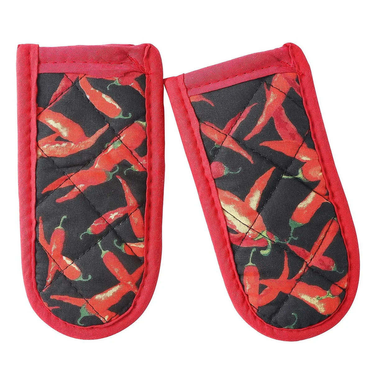 Two red cotton skillet handle covers with hanging loops