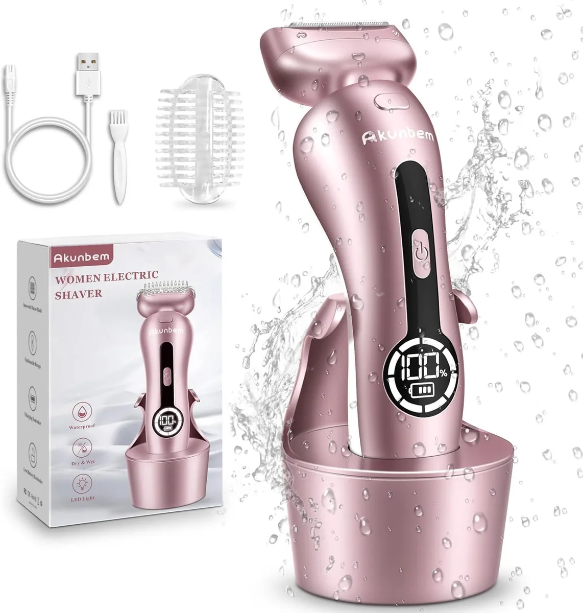 Pink cordless electric shaver with detachable head and LED light