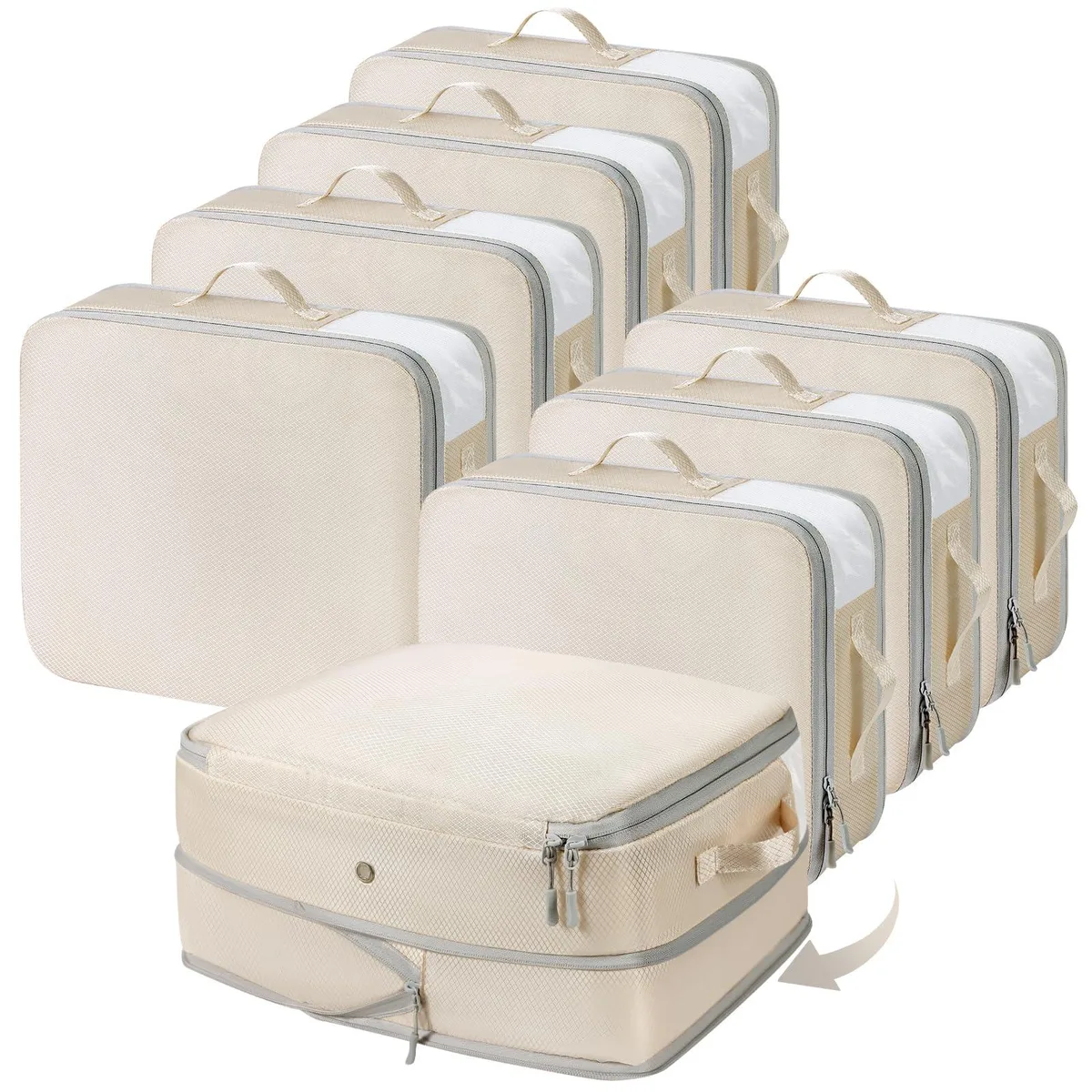 Eight rectangular fabric bags with clear windows and reinforced handles stacked together
