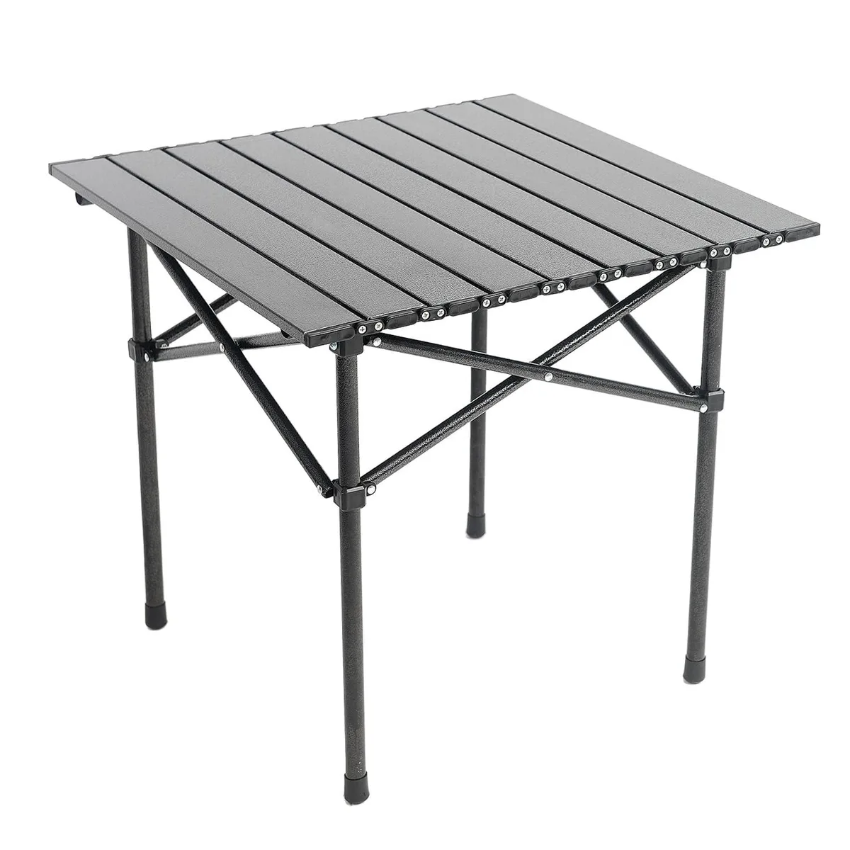 Black folding aluminum camping table with carry bag
