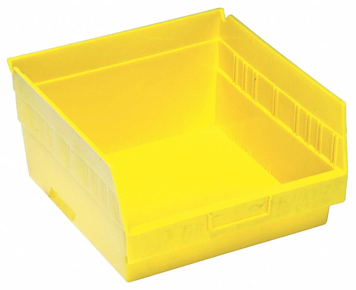 Yellow plastic shelf bin, 8 inches high, open top with label holder