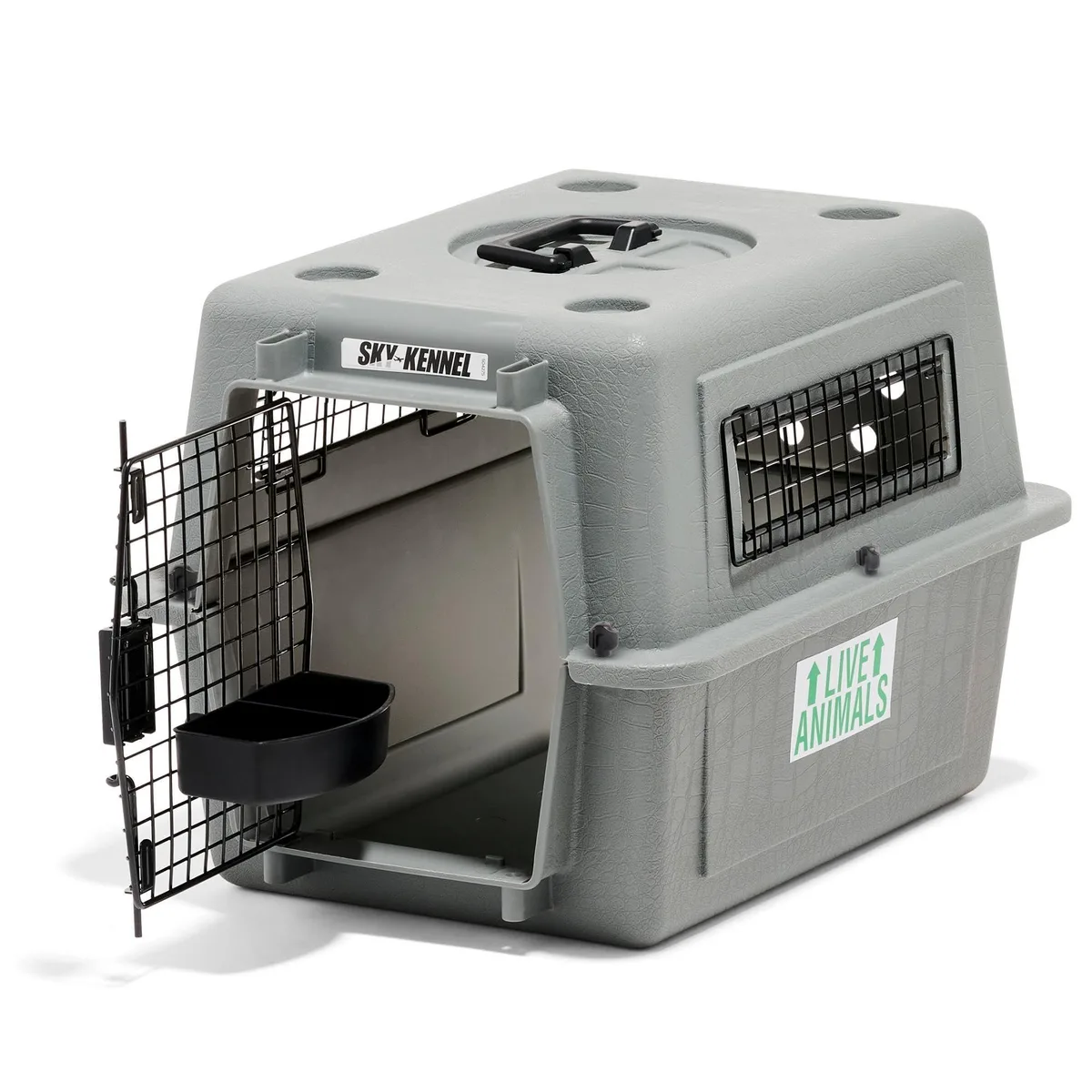 Light-coloured polypropylene pet carrier, 21 inches long, ventilated sides, top handle, squeeze-latch door