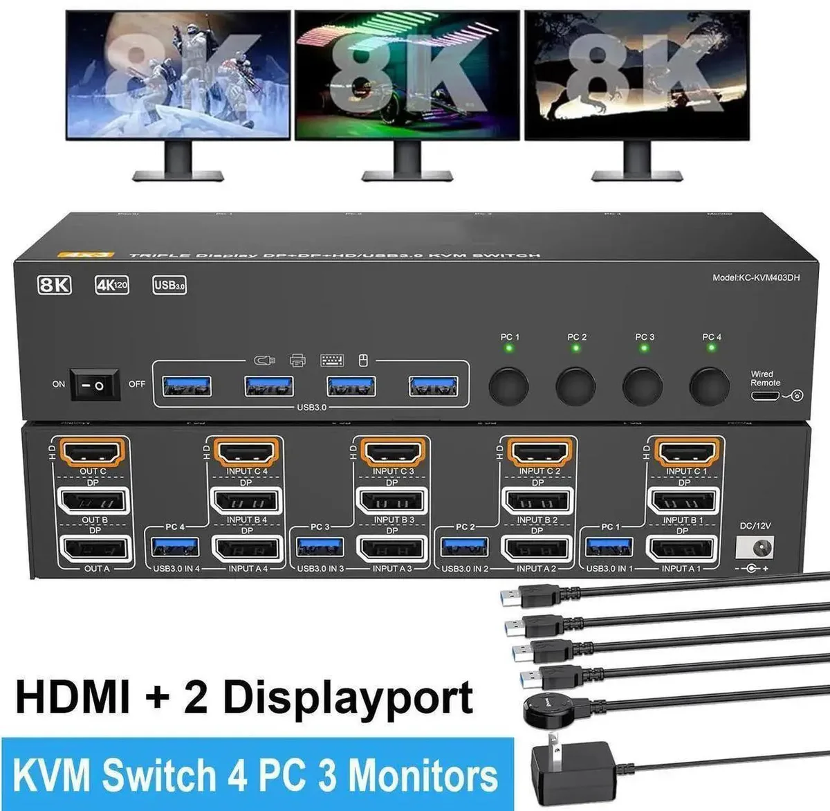 Vszerda Vszerda HDMI + 2 DisplayPort Triple Monitor KVM Switch 3 Monitors 4 PCs 8K@60Hz/4K@144Hz — product photo
