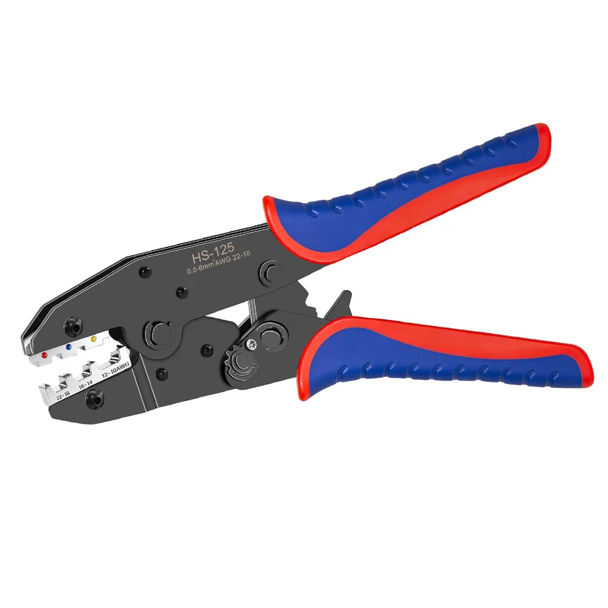 Red ratchet wire crimping tool with ergonomic handles for AWG 22-10 connectors