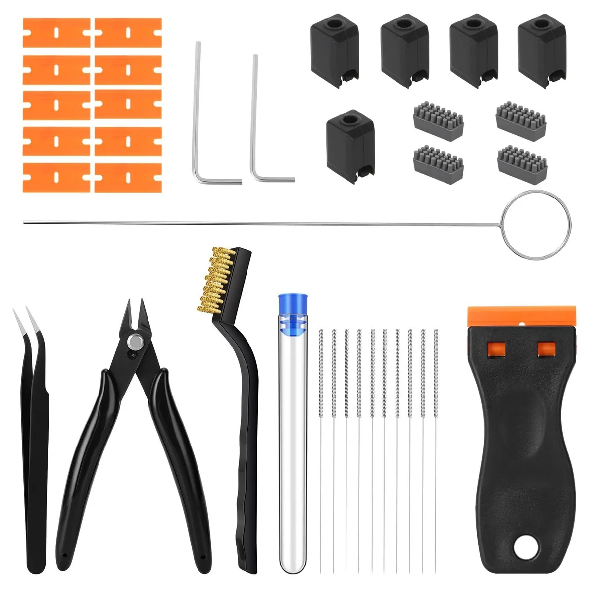 35-piece 3D printer tool kit with nozzles, scrapers, and hex wrenches