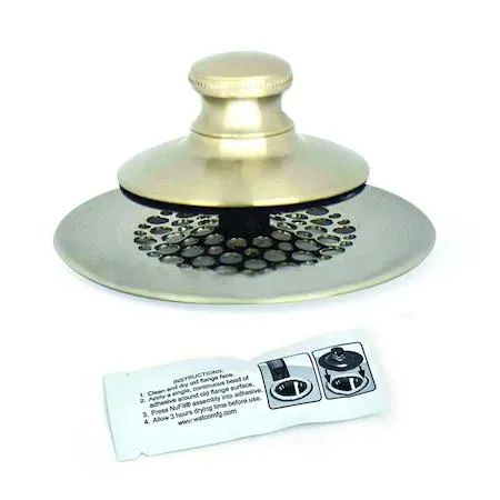 Brushed nickel push-pull bath stopper with grid strainer, 2.875 inch diameter