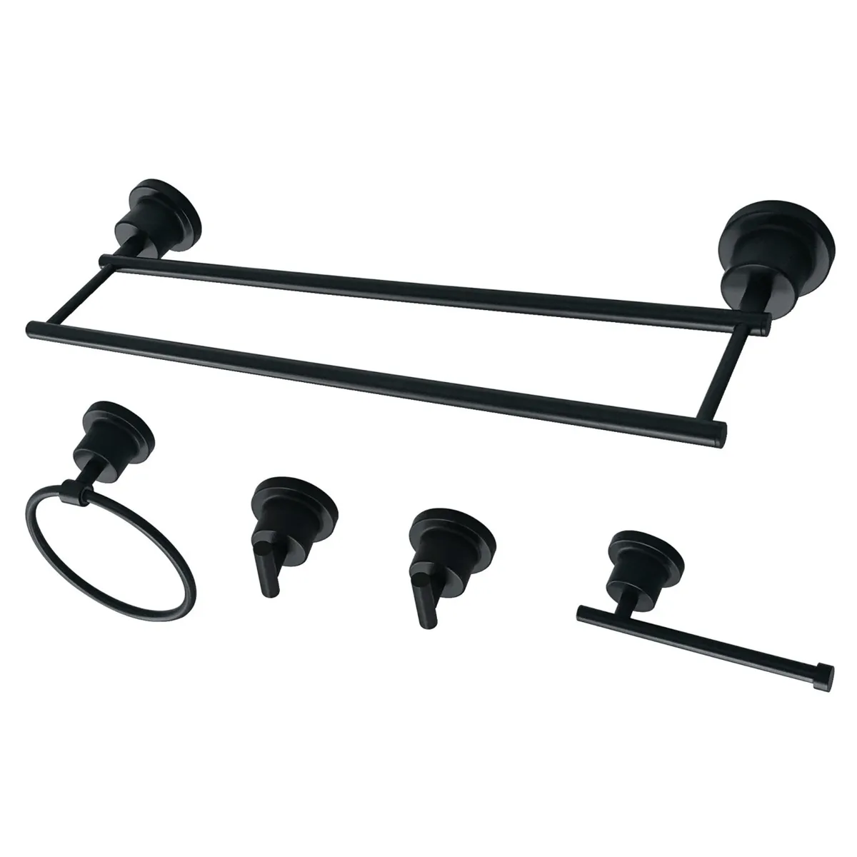 Matte black five piece bathroom accessory set