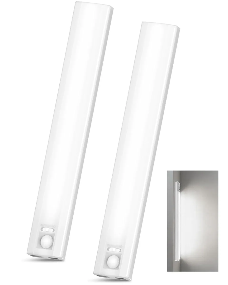 Two white rectangular LED bars with clear plastic covers, magnetic mounting, 10 inch length