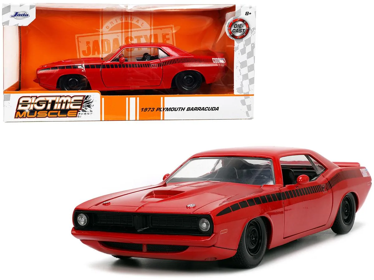 Jada Jada 1973 Plymouth Barracuda Red with Black Stripes "Bigtime Muscle" 1/24 Diecast Vehicle — product photo