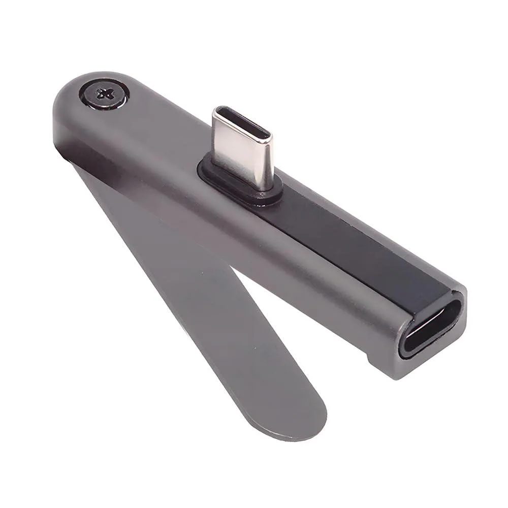 Compact USB-C male-to-female adapter with foldable metal stand and 90-degree angled connector