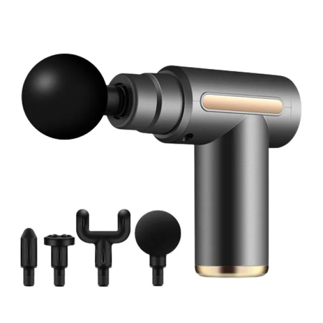 Grey hand-held massage gun with LCD touch screen and spray-painted ABS finish