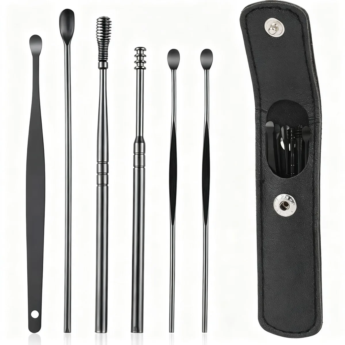 Six black stainless steel ear cleaning tools in a storage box