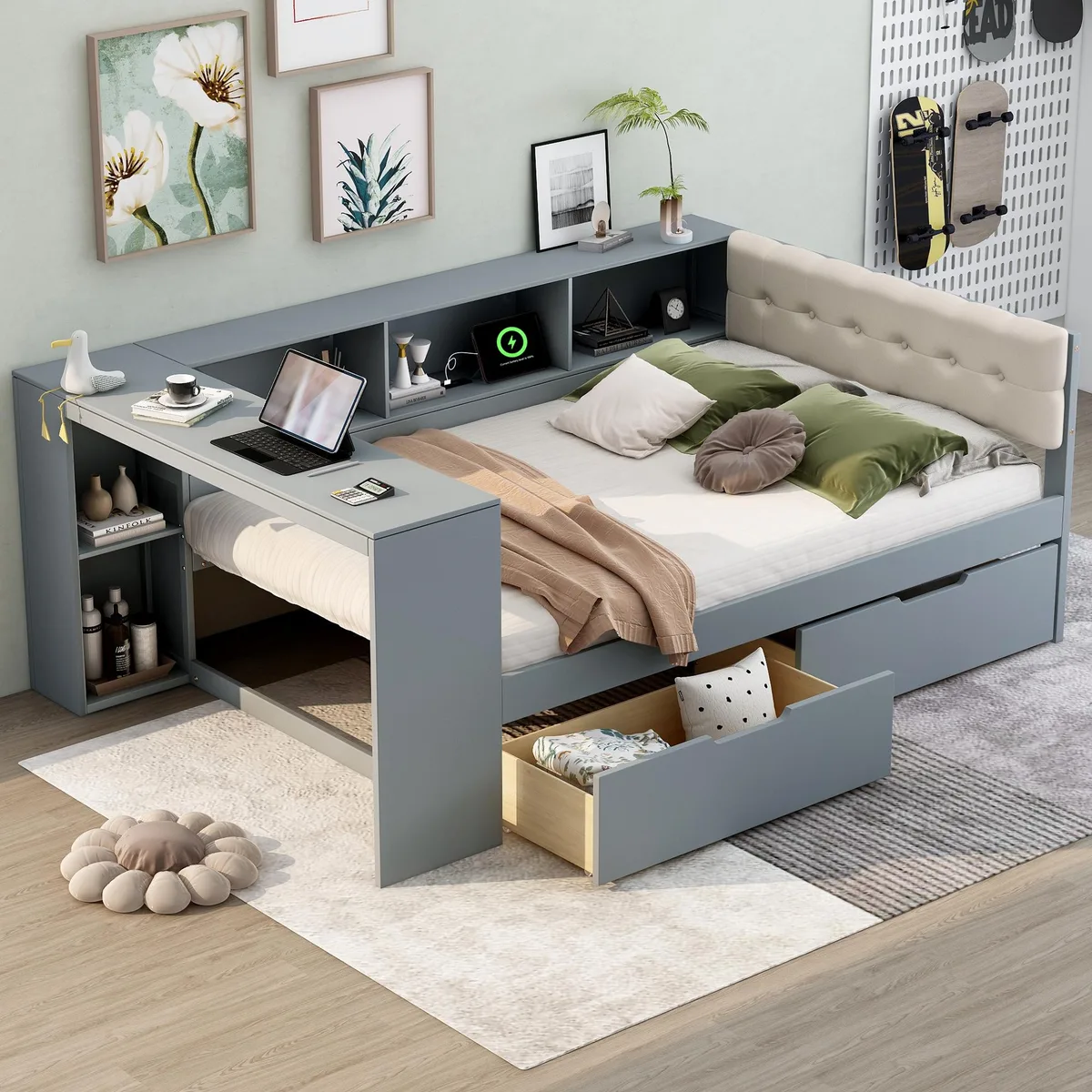 Gray upholstered platform bed with headboard shelves and drawers