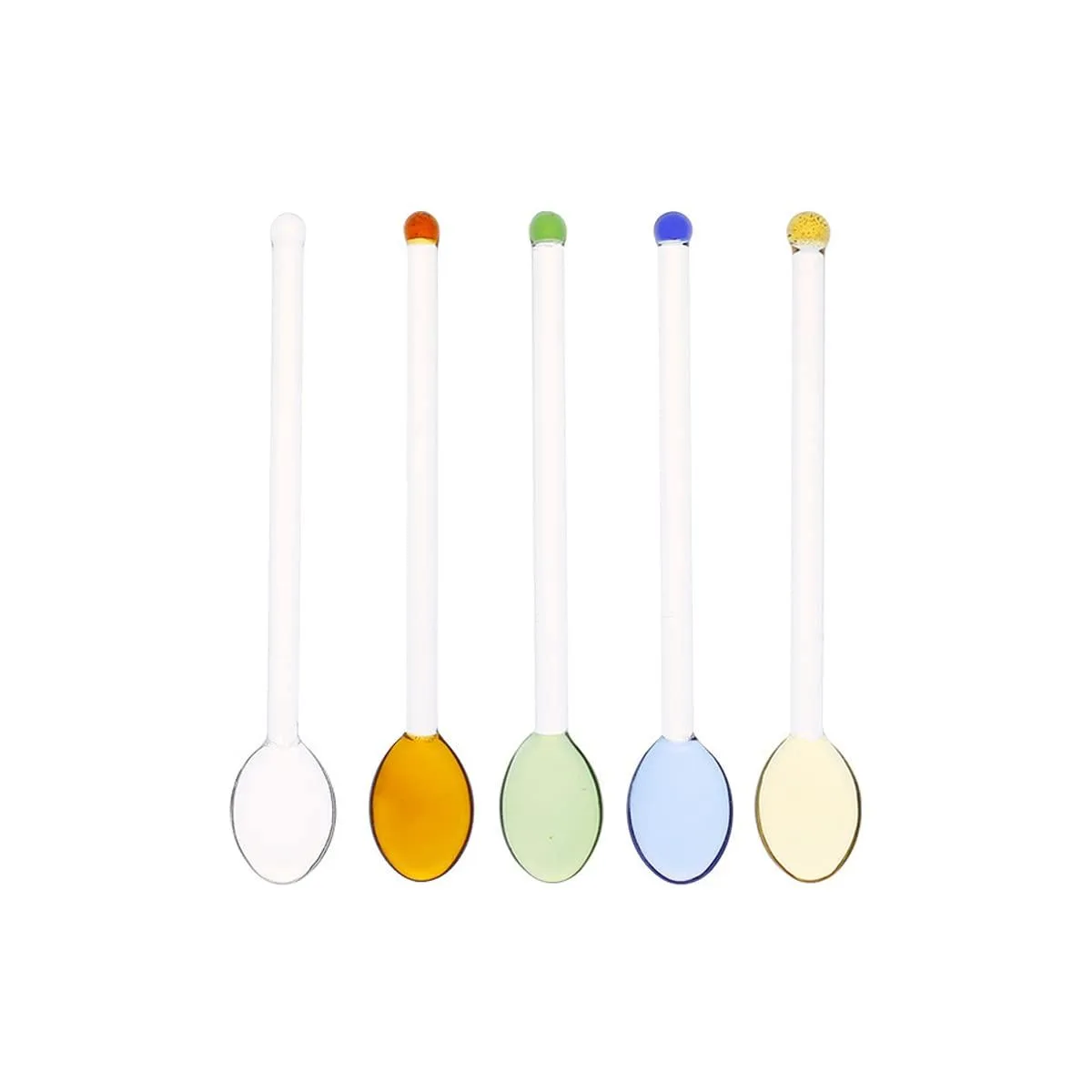 Five multicolour glass spoons, 5.9in long, straight handles, transparent gold blue green amber