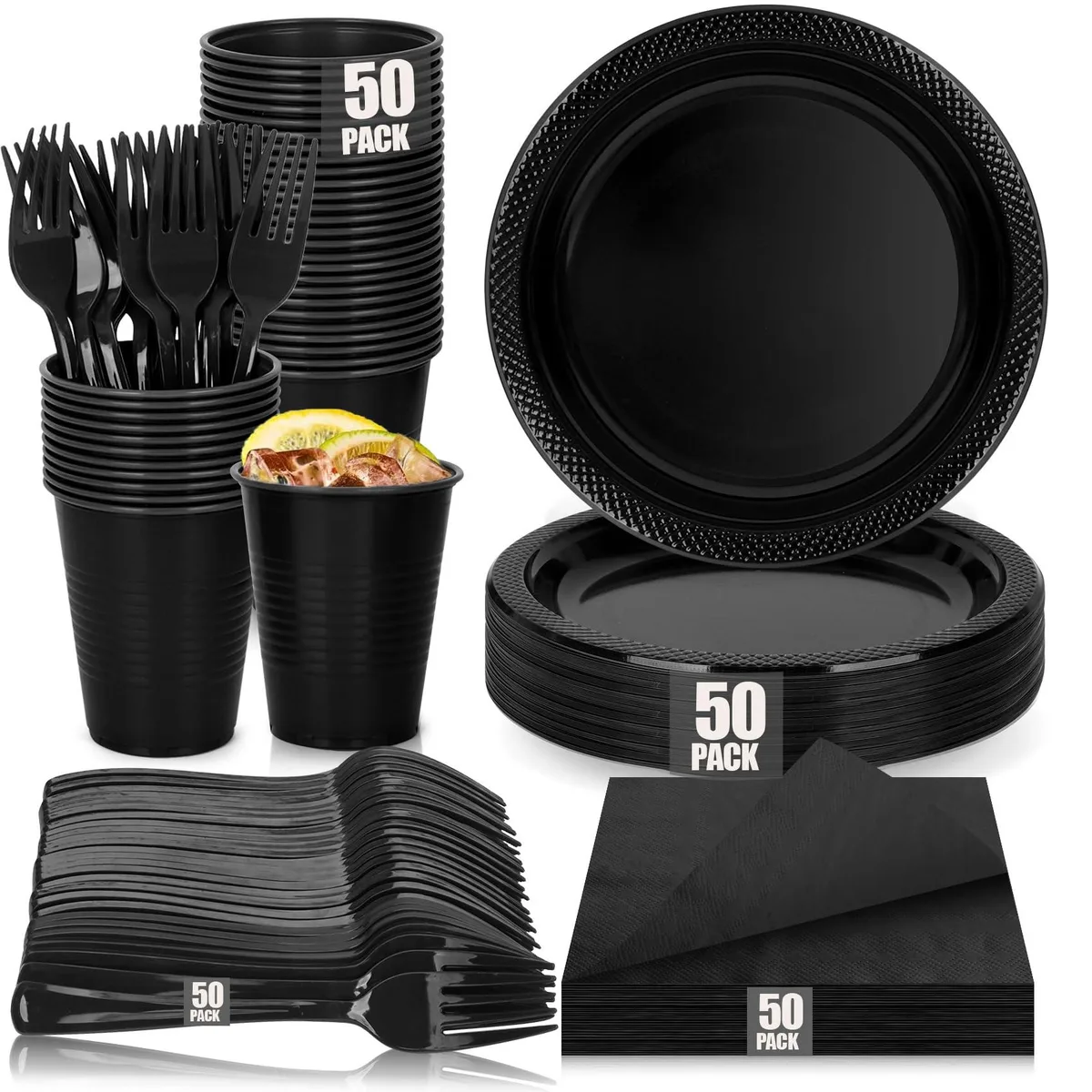 Black plastic dinnerware set with square plates, cups, cutlery and napkins for 50 guests