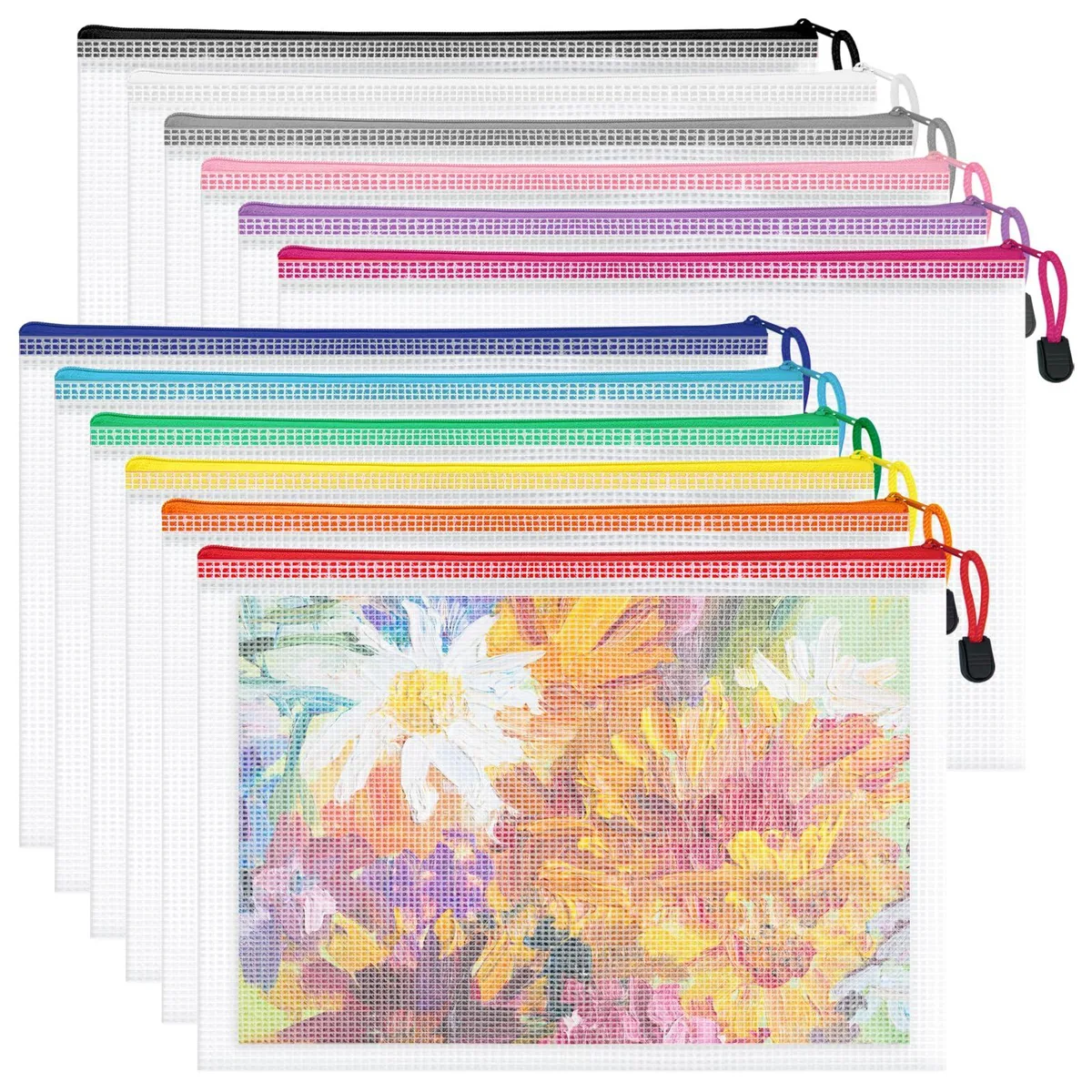 Twelve multicolour transparent mesh zipper pouches in A4 size