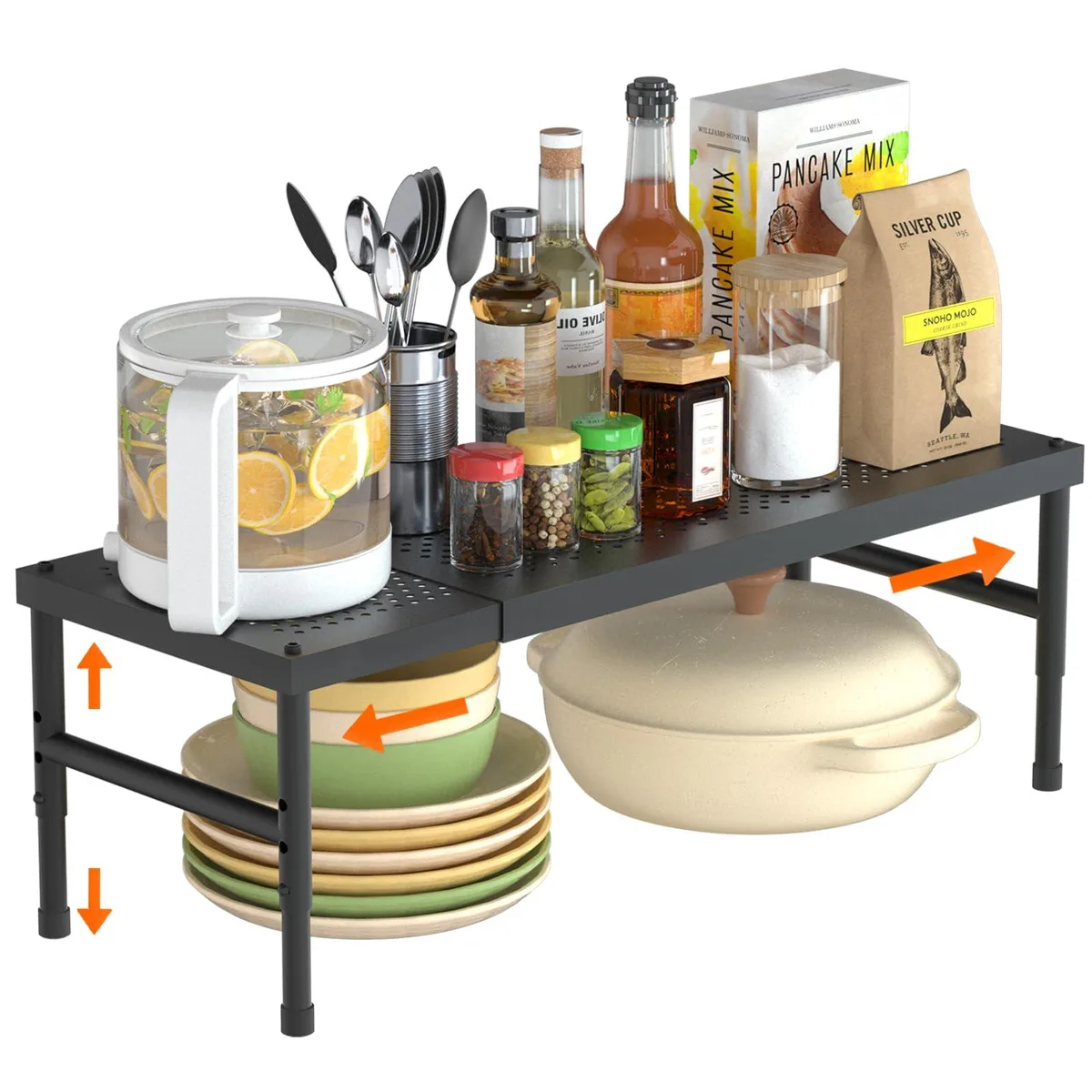 Red plastic two-tier expandable shelf, adjustable 16.4 to 28.35 inches long, three height settings
