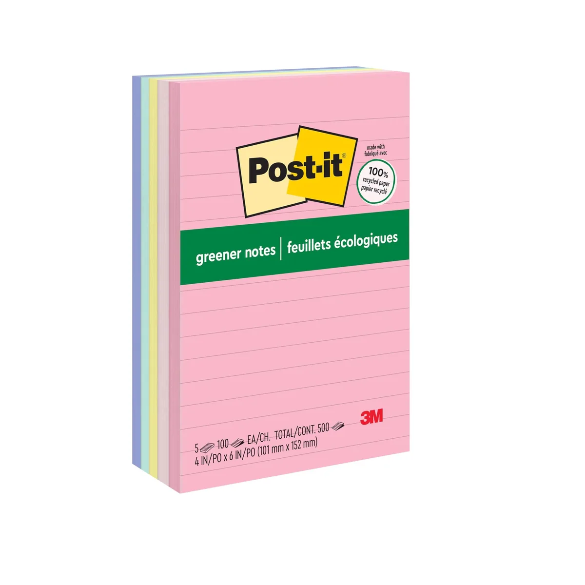 Five rectangular pads of lined sticky notes in pink, mint, yellow and grey tones