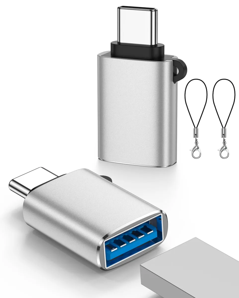 Small silver USB-C male to USB-A female adapter with aluminium body