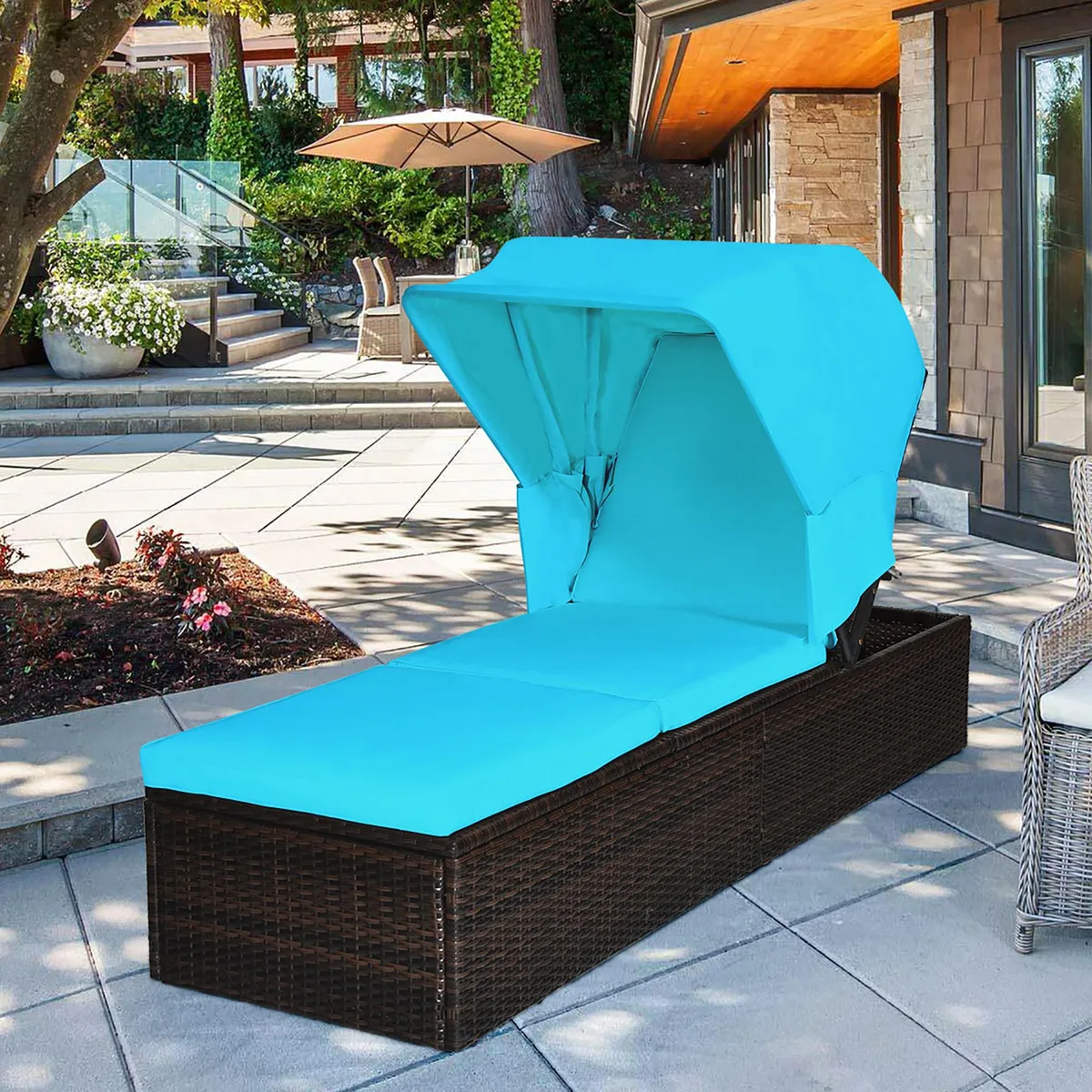Costway Costway Rattan Chaise Lounge with Canopy Turquoise — product photo