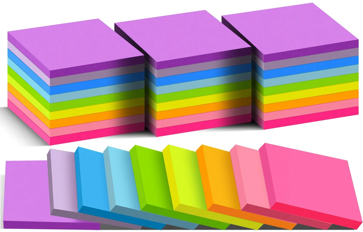 Square stack of thirty-six 3x3 inch sticky note pads in nine bright colours