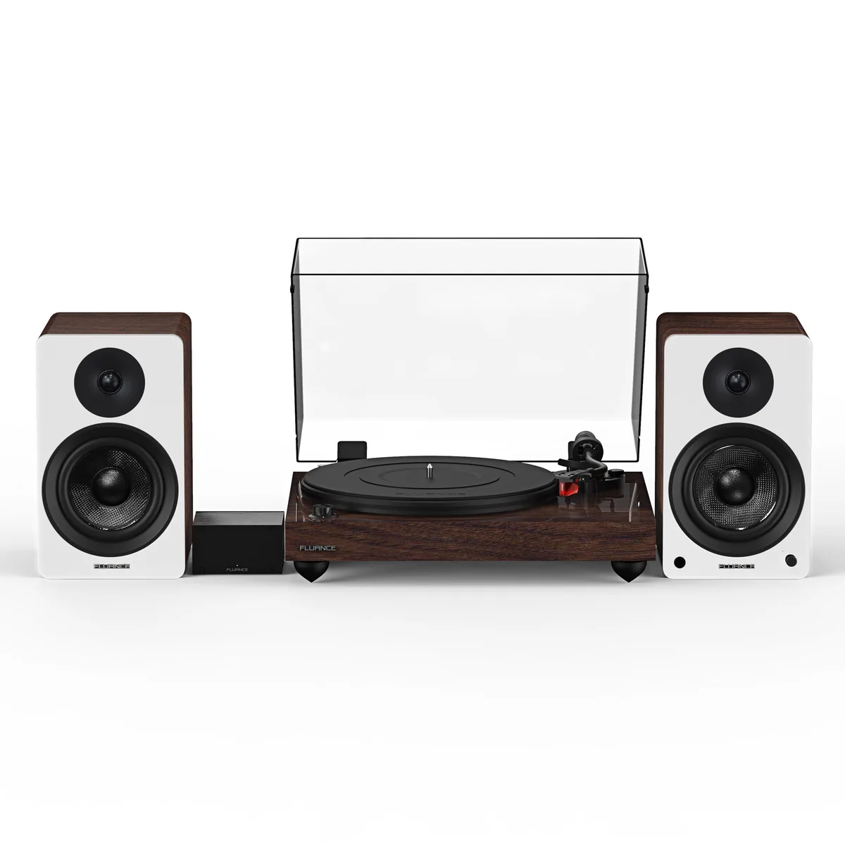 Walnut turntable with white-walnut speakers and preamp, 31.67 lbs