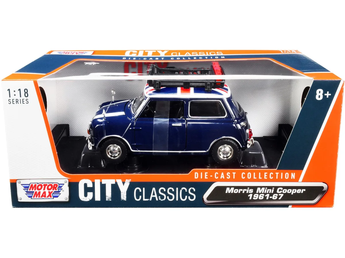 MOTORMAX MOTORMAX 1961-1967 Morris Mini Cooper RHD Dark Blue British Flag Roof Rack 1/18 Diecast — product photo