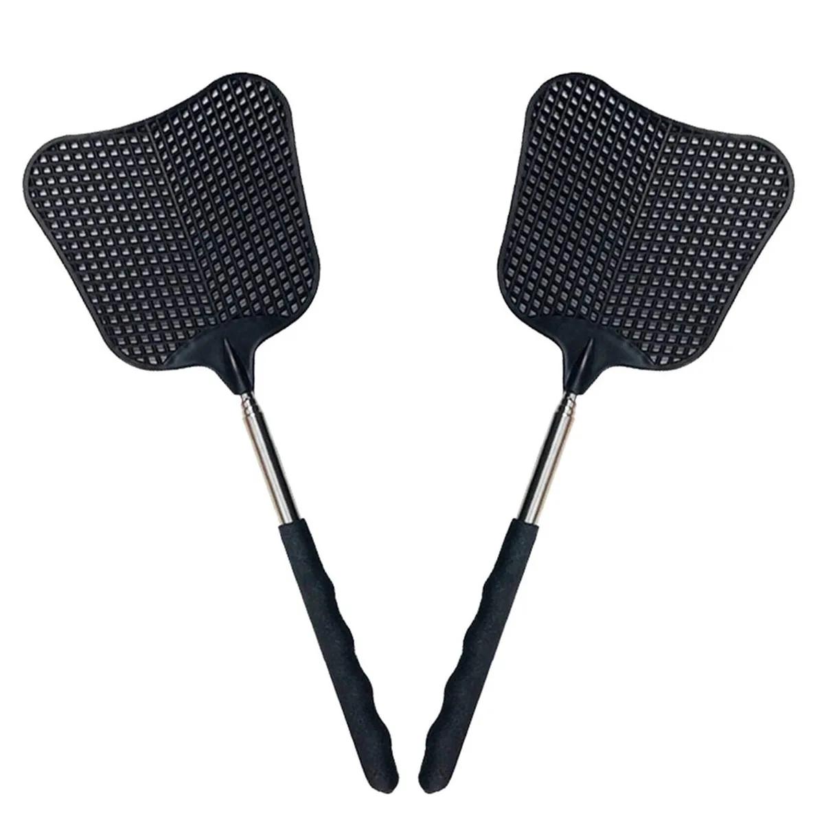 Two telescopic fly swatters with stainless steel handles and bright plastic paddles, extended to full length
