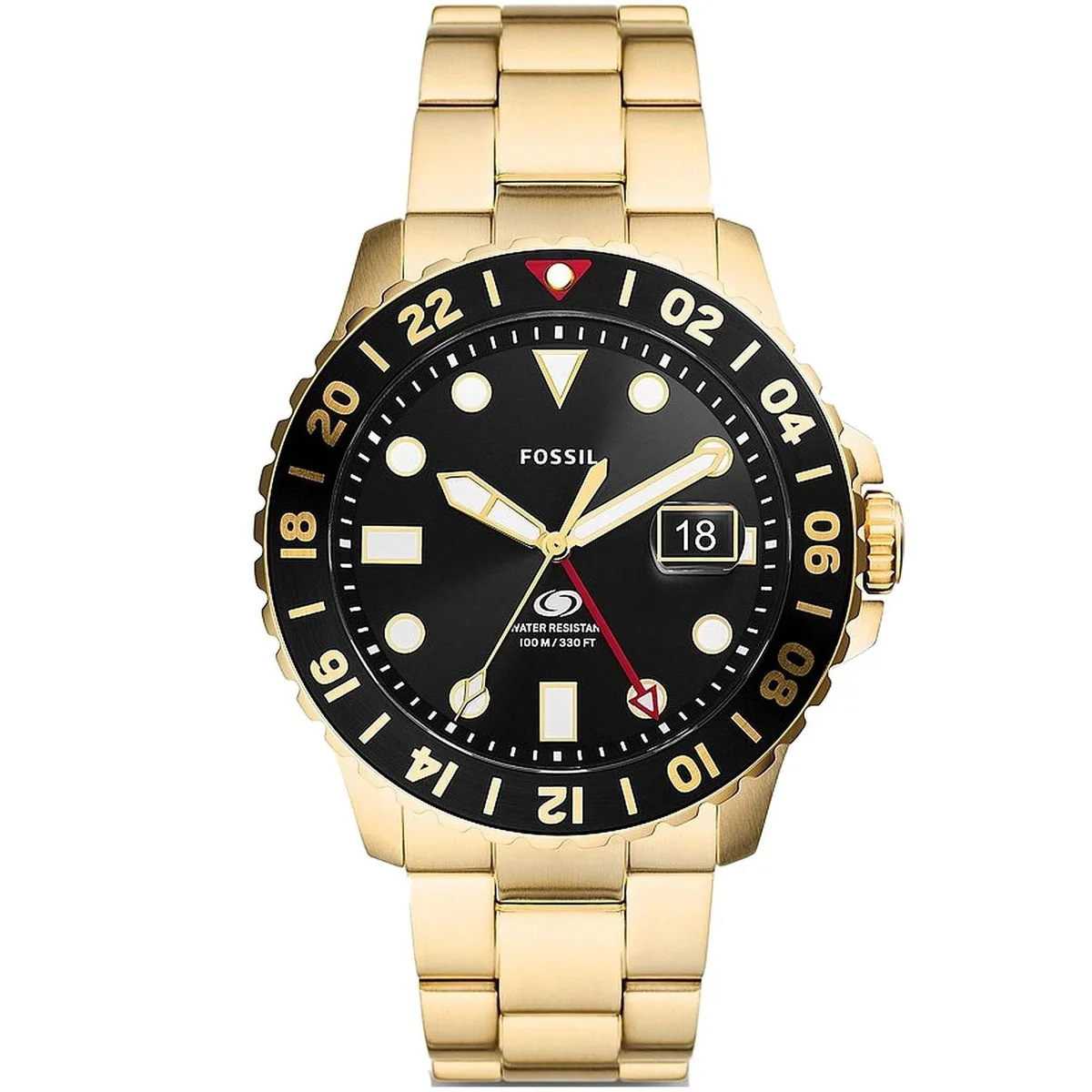 Stainless steel watch with black dial and blue GMT hand on metal bracelet