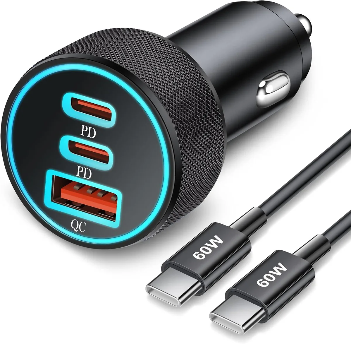 Hamzan Hamzan 67W 3-Port Car Charger PD 37W QC 30W + 3FT Cable — product photo
