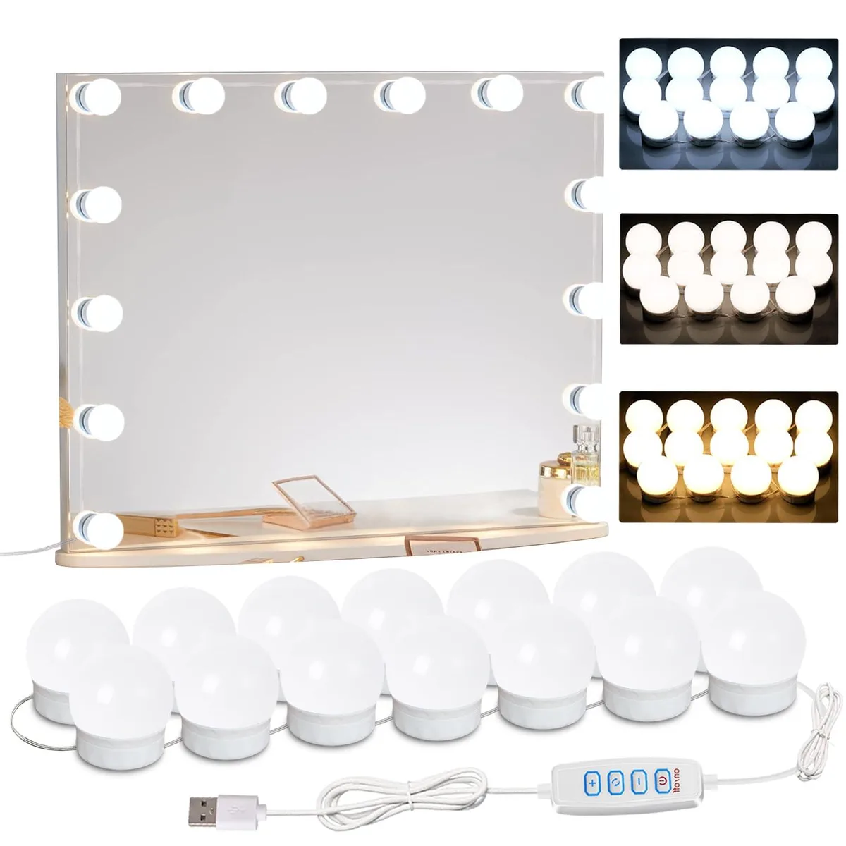 14 dimmable LED bulbs on 22.6ft wire with polished metal and plastic bases