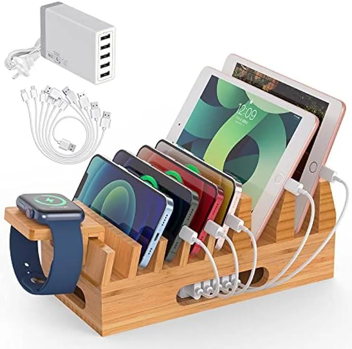 TAURKENAM TAURKENAM Bamboo Charging Station 5-Port USB Charger Kit with Watch Stand &amp; 6 Cables — product photo