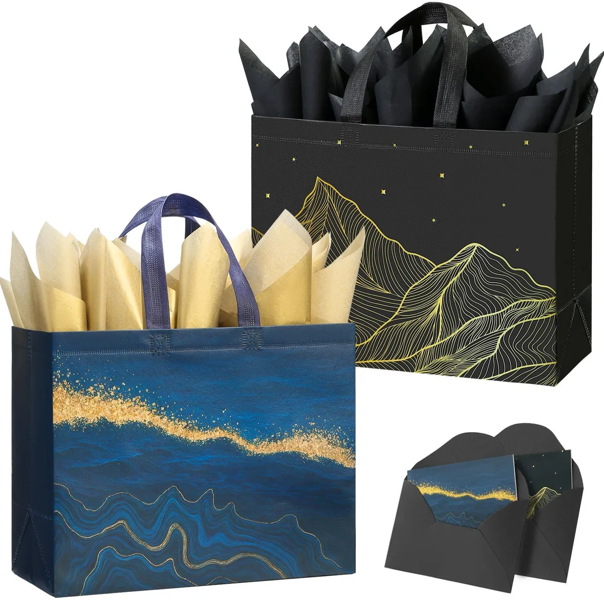 Two 13-inch non-woven gift bags in black and blue with handles and tissue paper