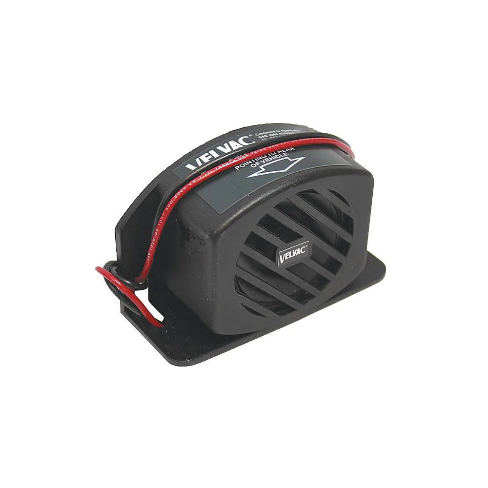 Black rectangular backup alarm with wire leads and grommet mount