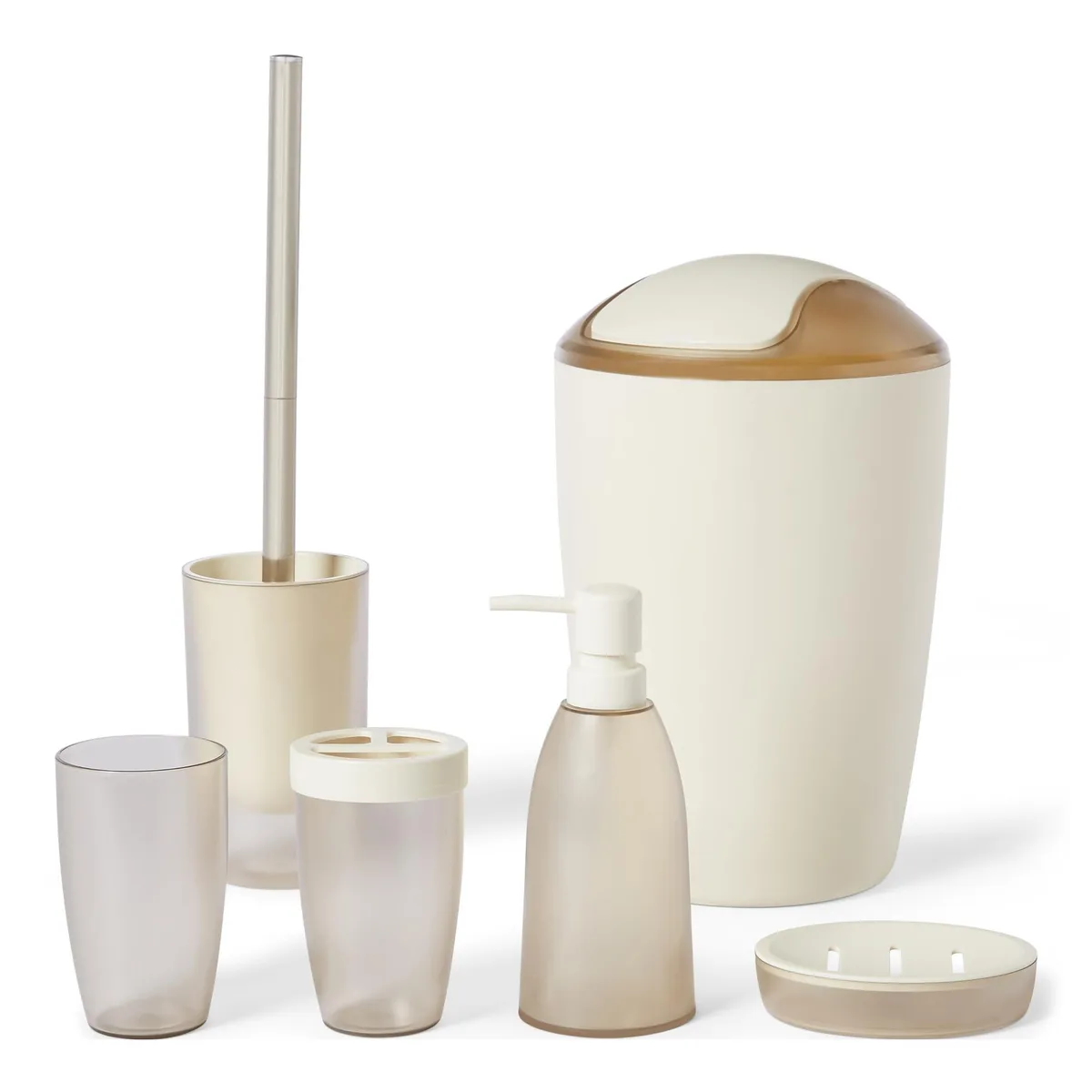 Six-piece ivory bathroom set with toothbrush holder, cup, soap dispenser, dish, trash can and toilet brush
