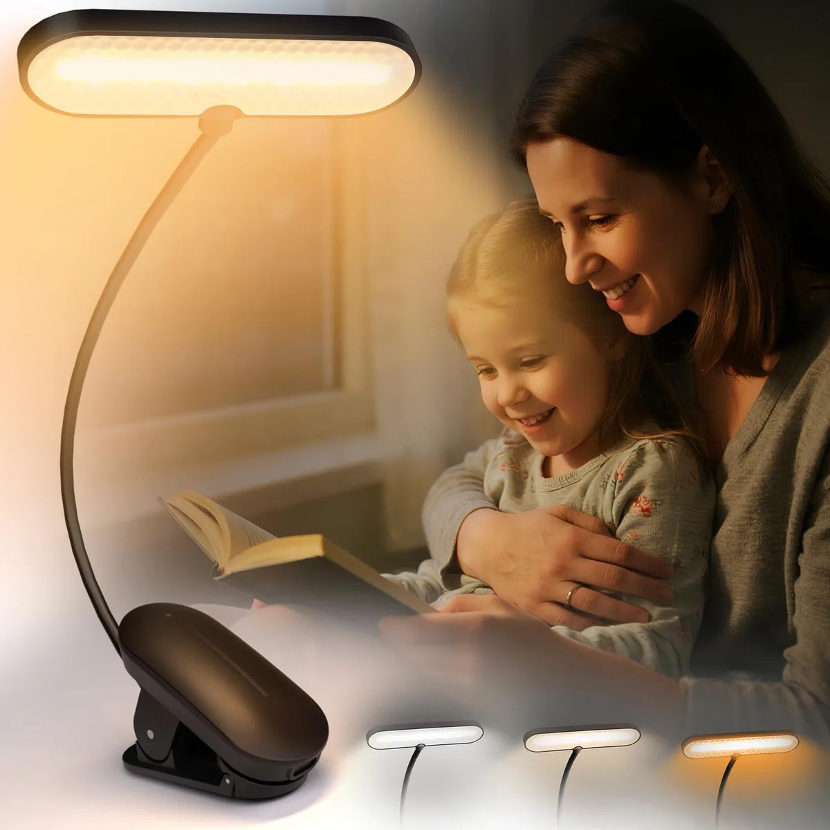 Deep black clip-on book light with flexible gooseneck and USB-C charging