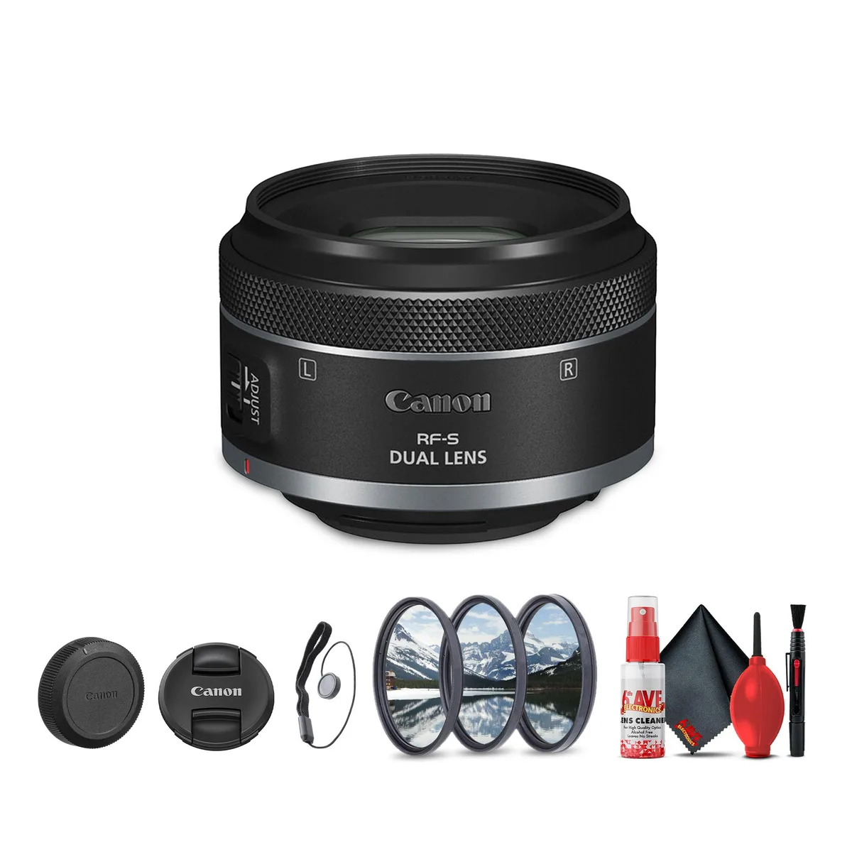Canon Canon RF-S 7.8mm f/4 STM Dual Lens + Filter Kit + Cleaning Kit — product photo