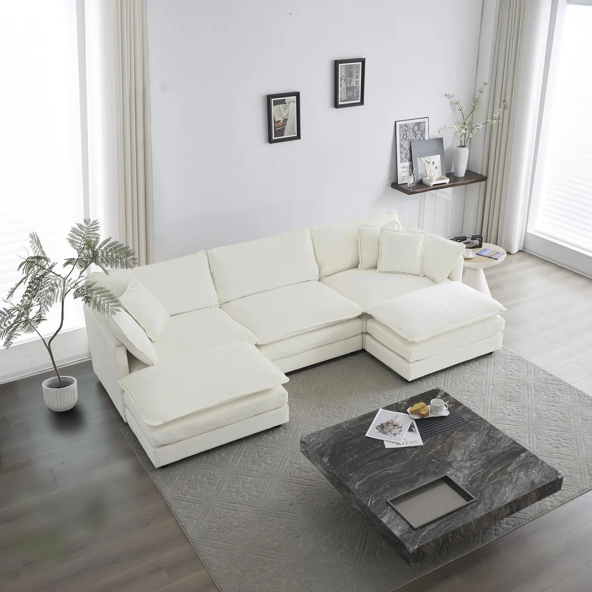 White U-shaped sectional sofa in chenille with reversible footrest and two ottomans