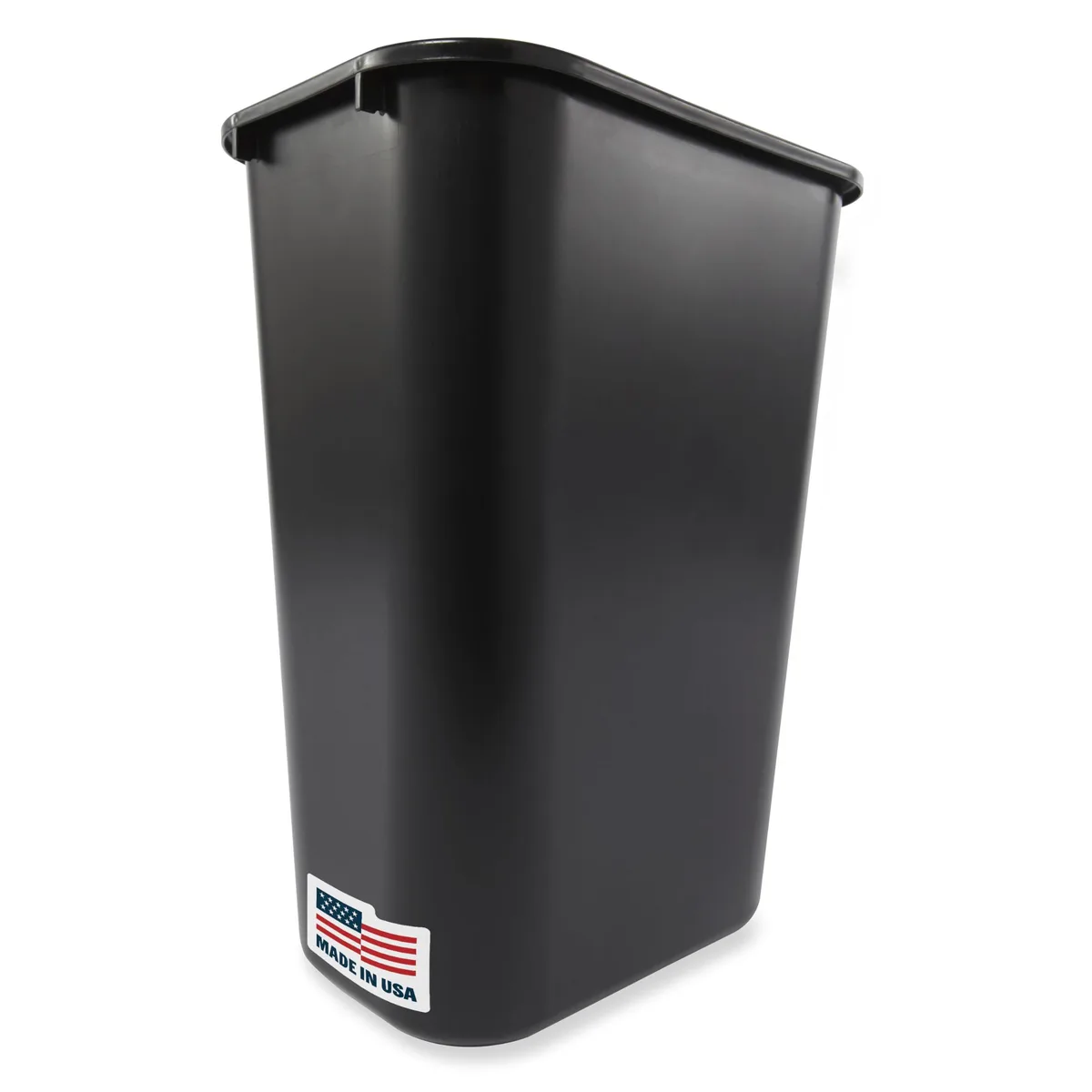 Three white rectangular plastic wastebaskets stacked together