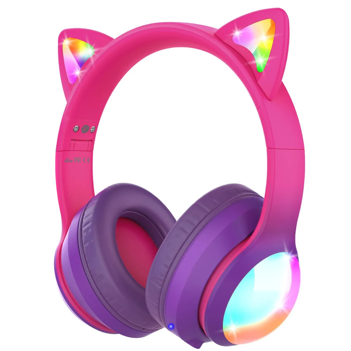 FosPower FosPower Kids Headphones Bluetooth 5.2 3.5mm 85dB 94dB LED Cat Ears Pink — product photo