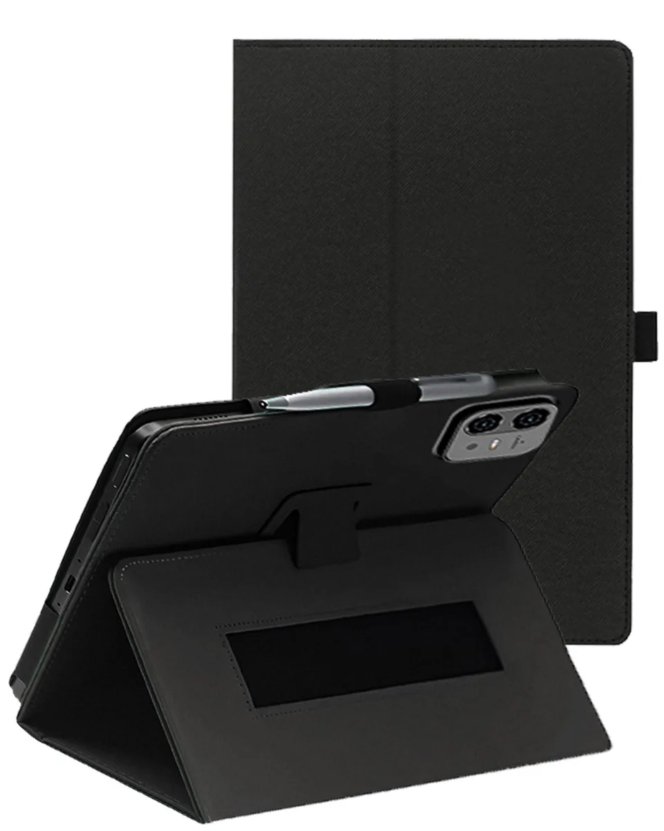 Black PU leather folding tablet case with pen holder and wrist strap