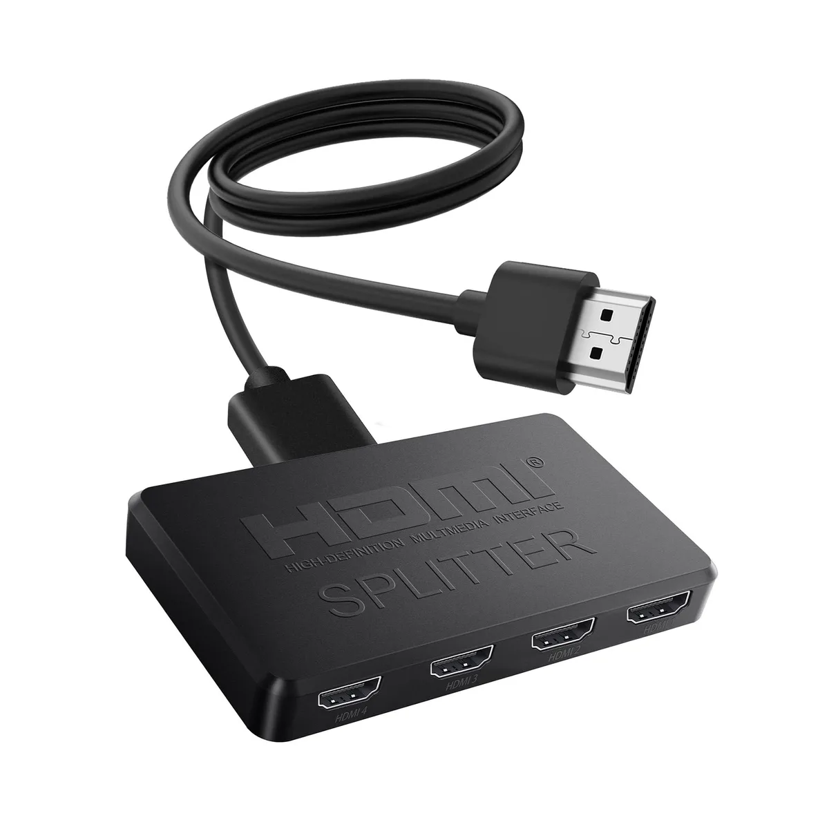 Black rectangular HDMI splitter box with five ports and USB power cable