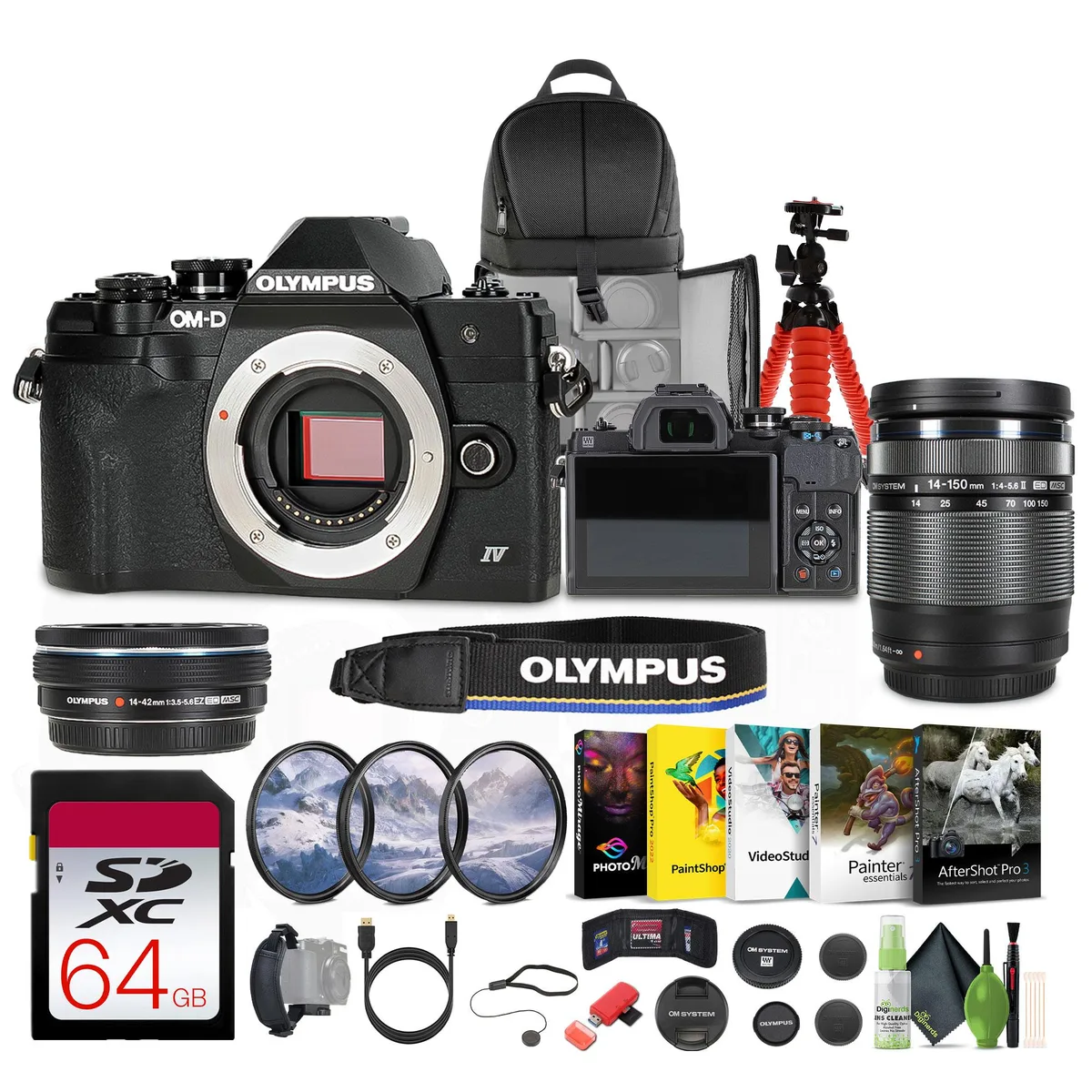 Olympus America Inc. Olympus OM-D E-M10 Mark IV 20.3MP camera kit 14-42mm 40-150mm 37mm filters 64GB card — product photo