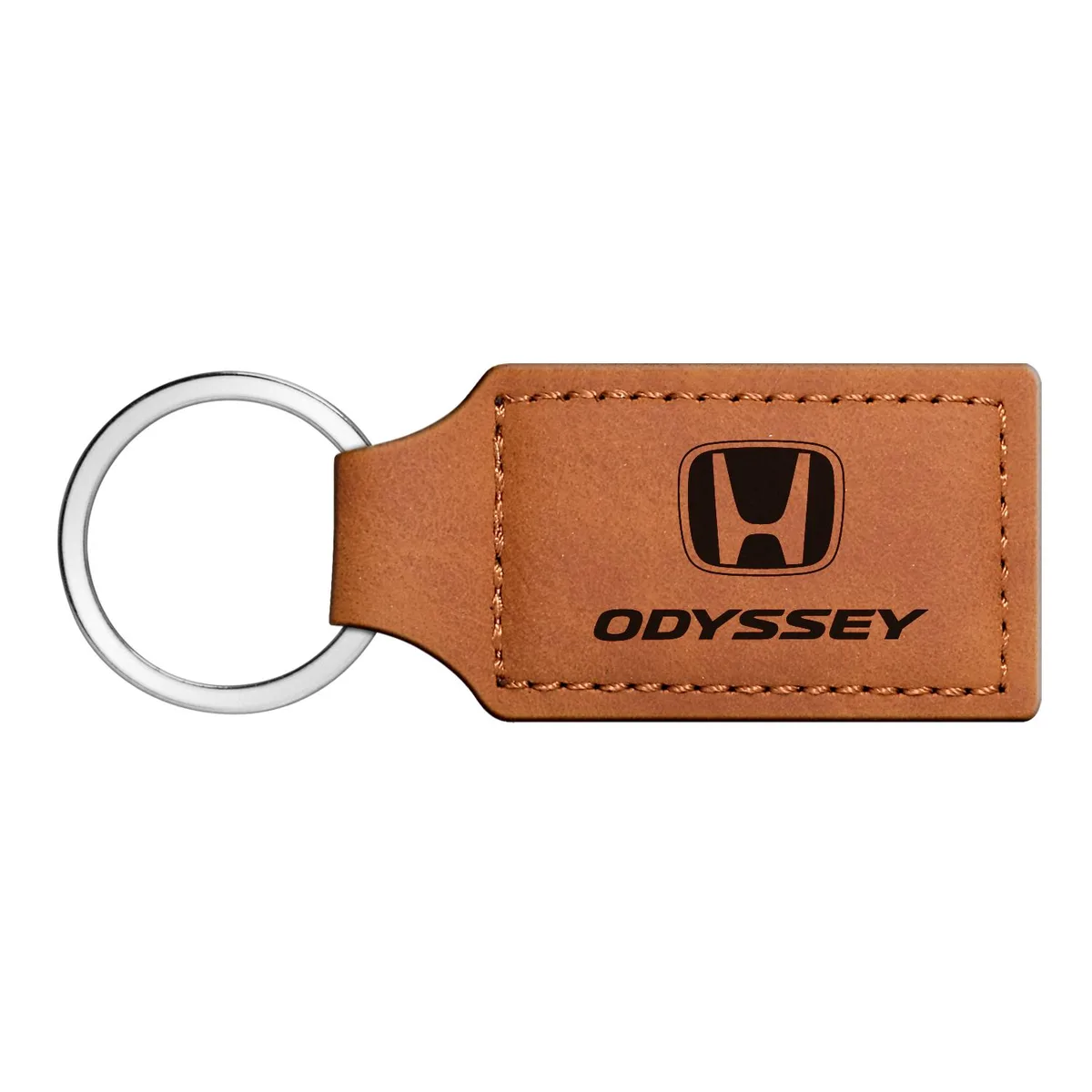 Rectangular brown leather key chain with laser-etched car logo