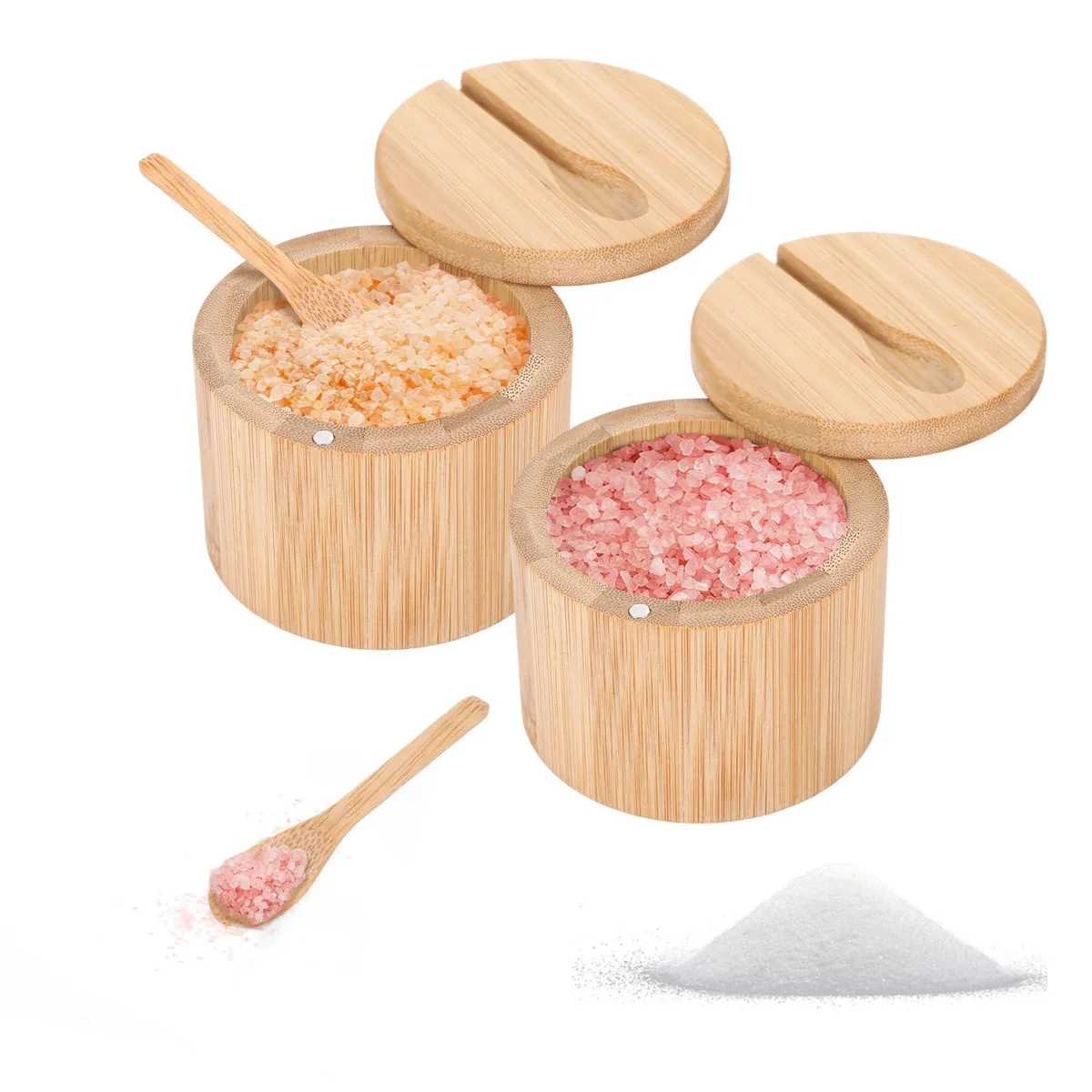 Two round bamboo salt cellars with magnetic swivel lids and built-in spoons