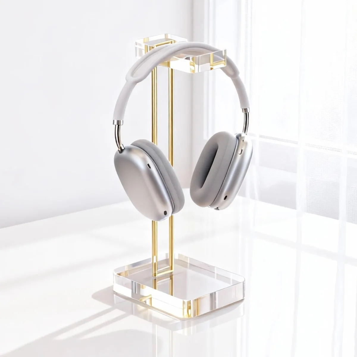 Crystal-clear acrylic headphone stand with gold hardware, curved hanger, solid base