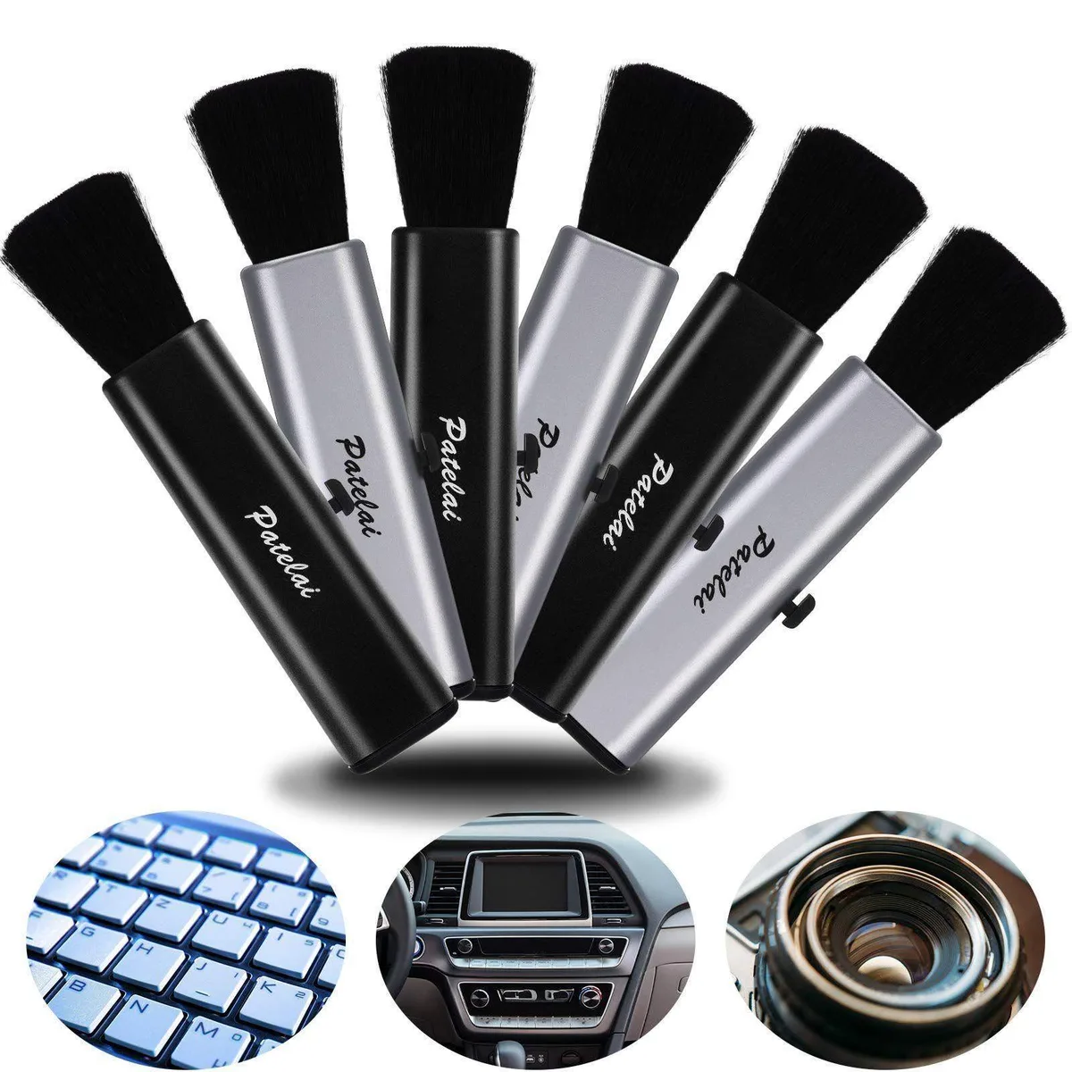 Six retractable keyboard brushes, black and silver ABS handles, wool bristles, compact size