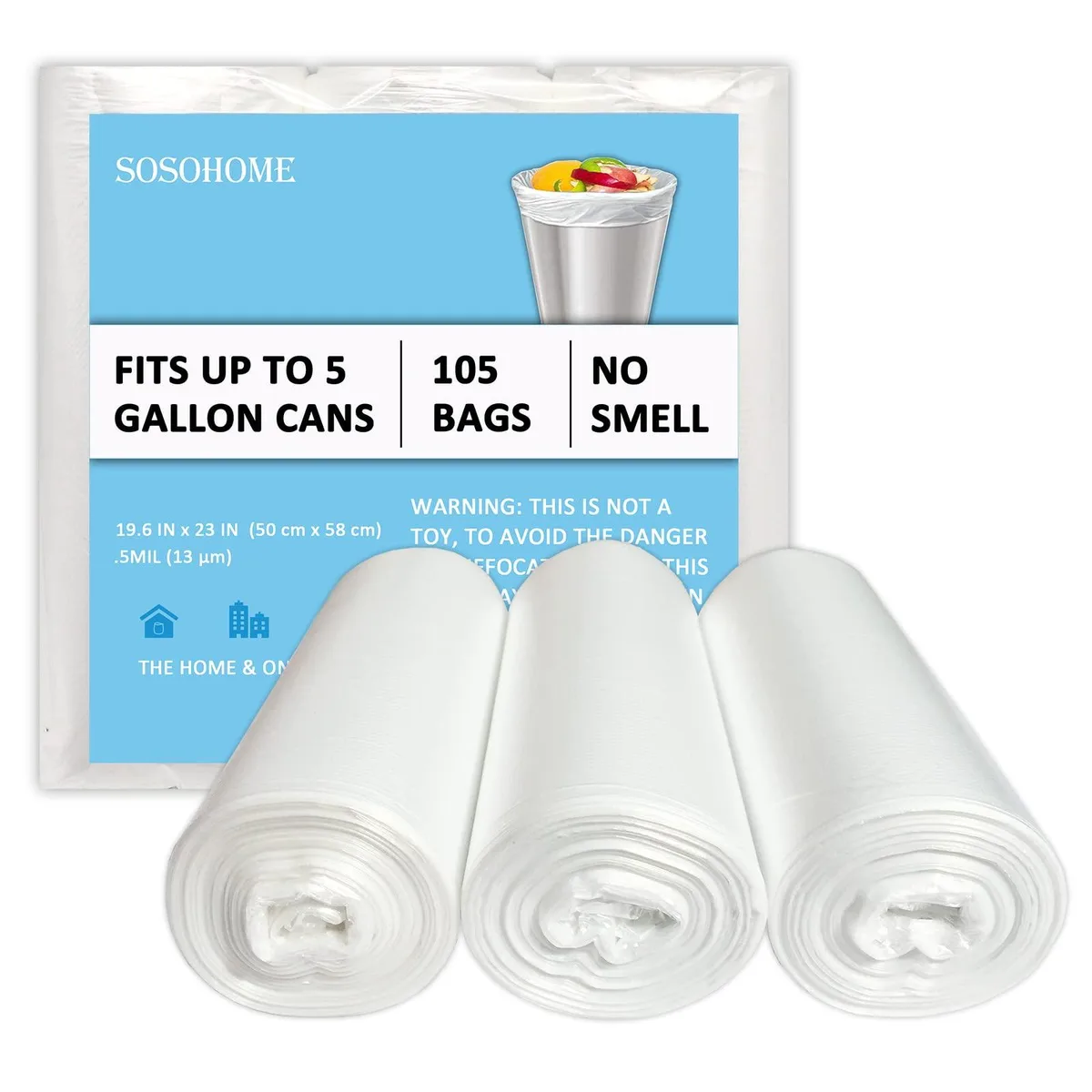 Clear plastic garbage bag roll, 105 count, 5 gallon size